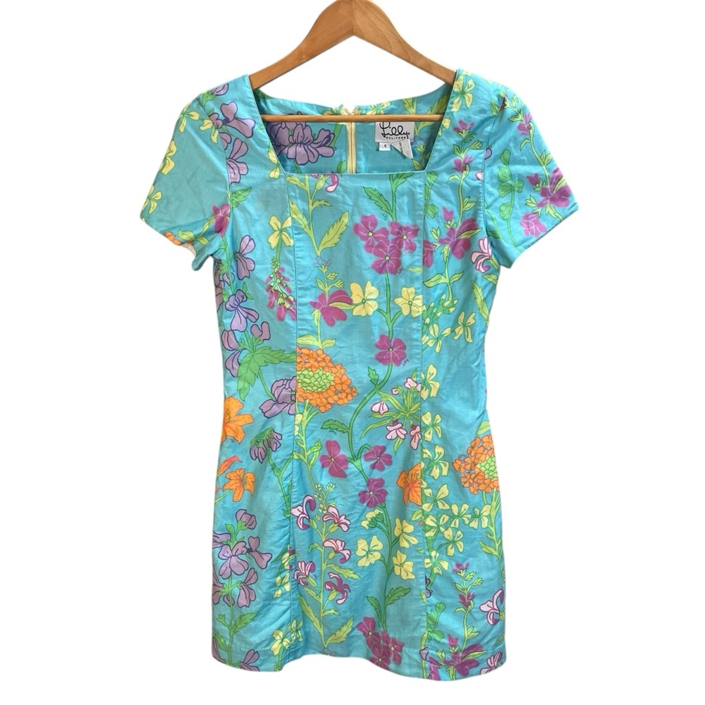 Lilly Pulitzer Aqua Floral Square-Neck Mini Dress with Yellow, Orange & Purple